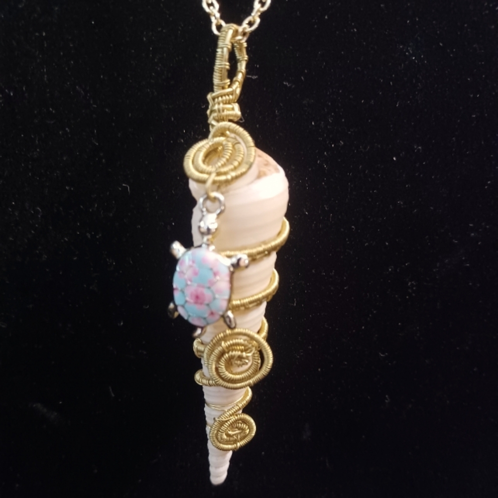 Hand-crafted Brass and Auger Shell Necklace with Pink Enameled Turtle Charm 18"